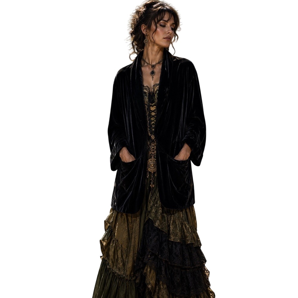 NWT Well Worn Black Velvet Open Jacket Blazer Witchy Ren Fair XL